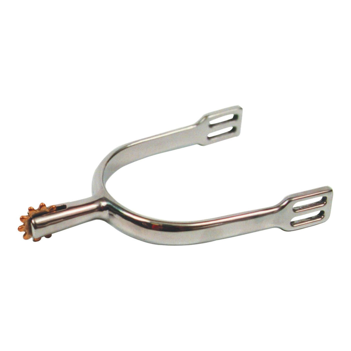 Eureka mens Schultheis spurs in stainless steel with 35mm shank and solid brass 7/8 inch rowel