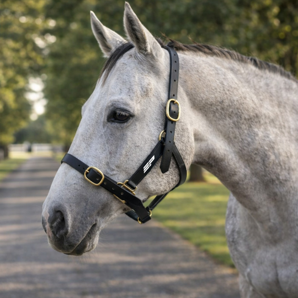 Deluxe everyday PVC halter in black with stainless steel fittings for racing stables and daily handling