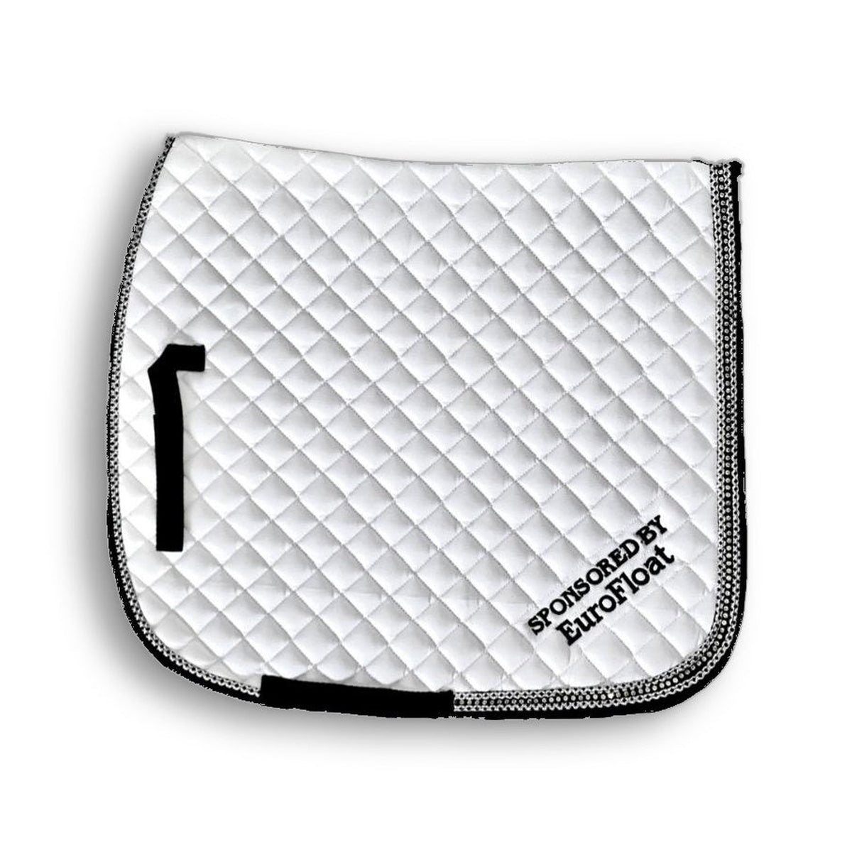 EuroFloat dressage saddle pad in white with black and silver binding, diamond quilted with rhinestones