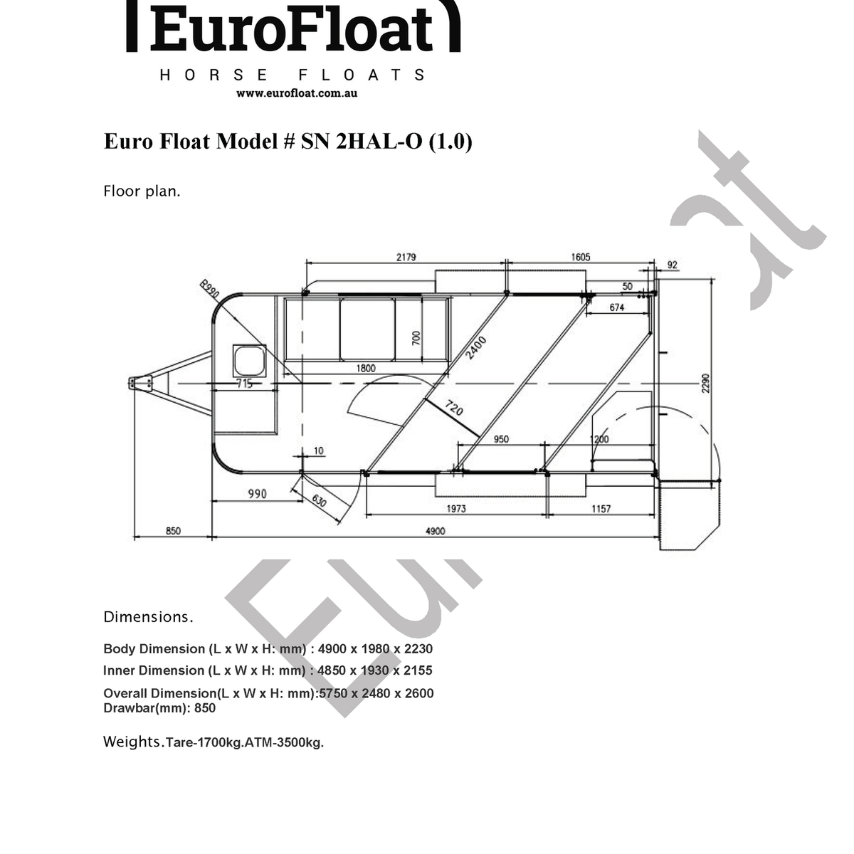 Eurofloat 2HAL-O SN 1.0 4900 Compact Series square nose overnighter horse float, available in black, blue or gun metal