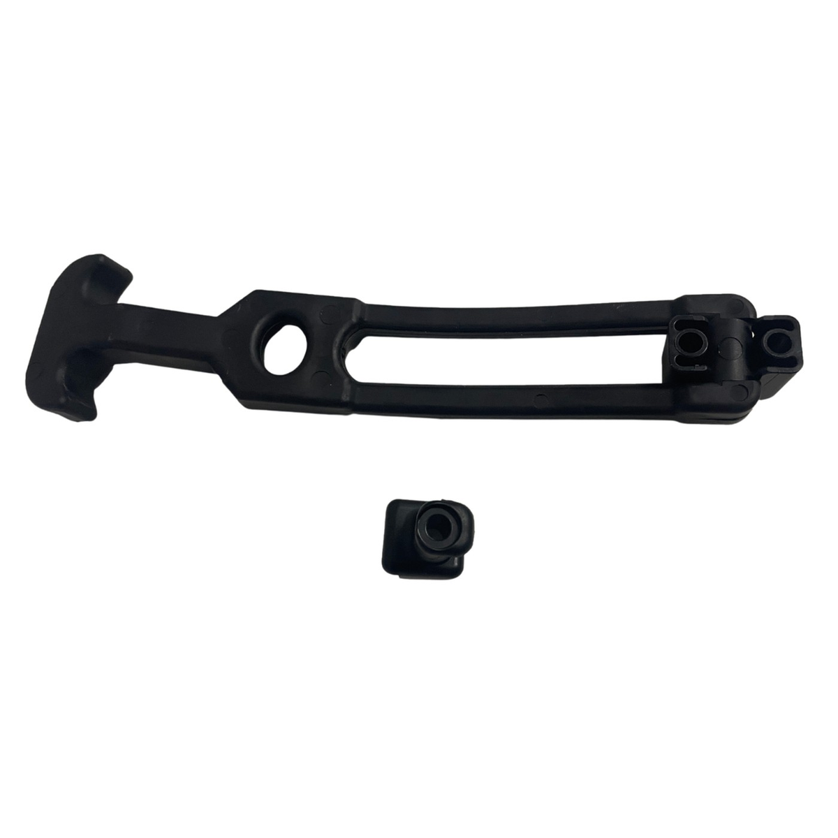 Black replacement rubber strap for holding down the rear storm door on a horse float